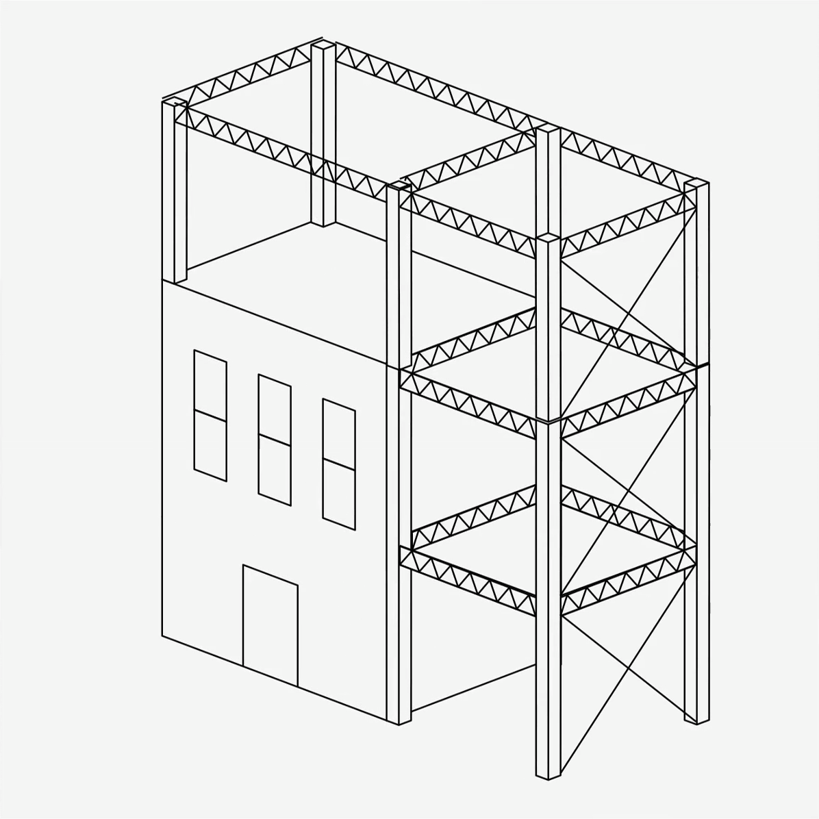 une animation en noir et blanc de la rénovation d'un bâtiment existant