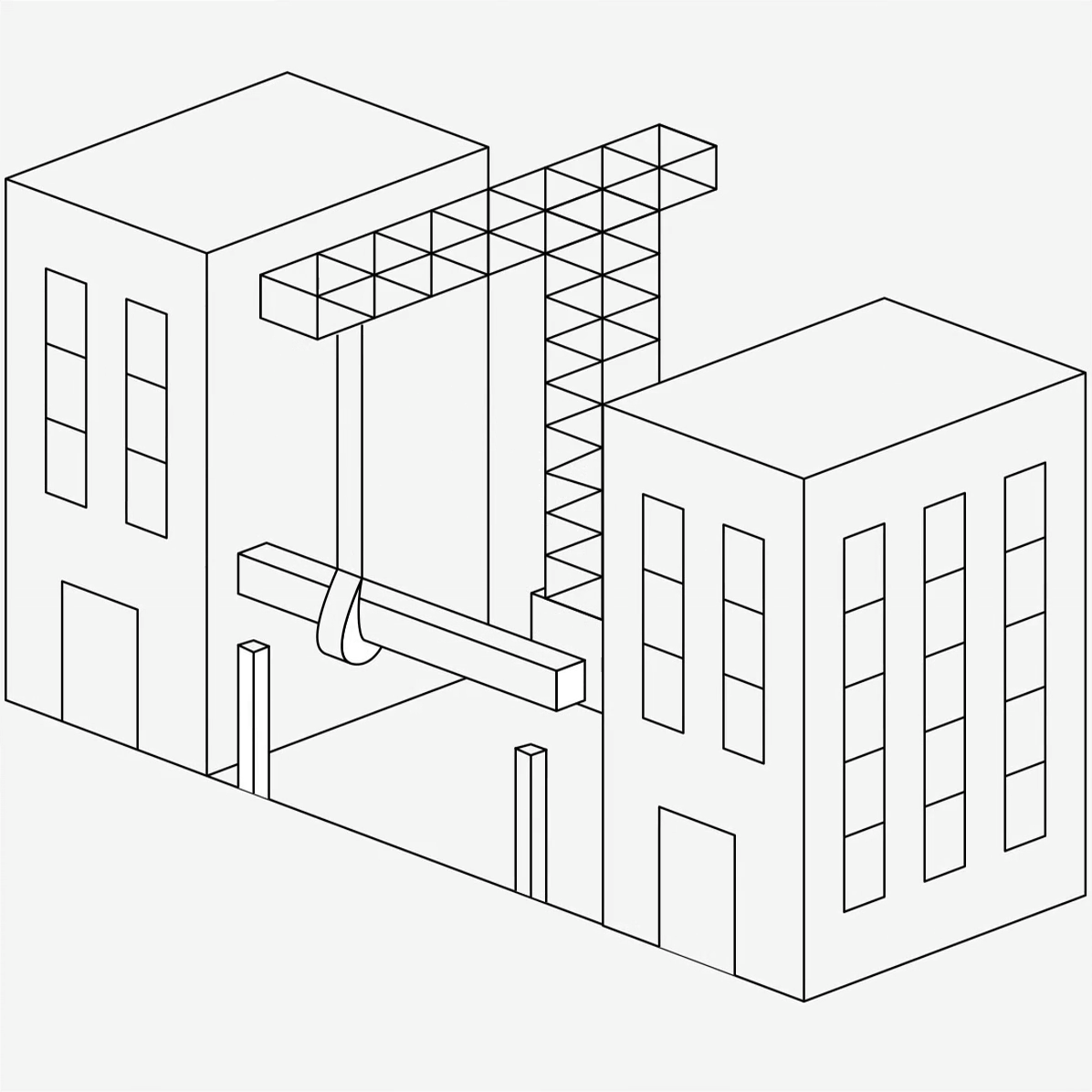 une animation en noir et blanc d'un bâtiment avec une grue